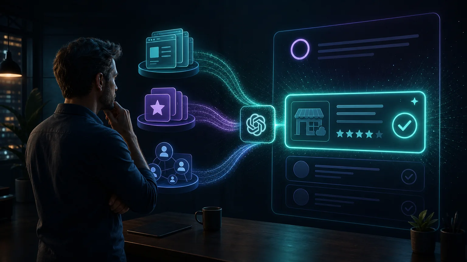 A business owner organizes website pages, reviews, and trusted mentions into a glowing AI answer panel