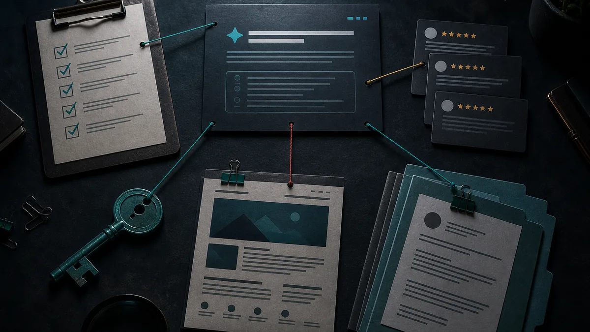 A checklist, crawler access key, service page, review cards, and citation folders on a dark desk