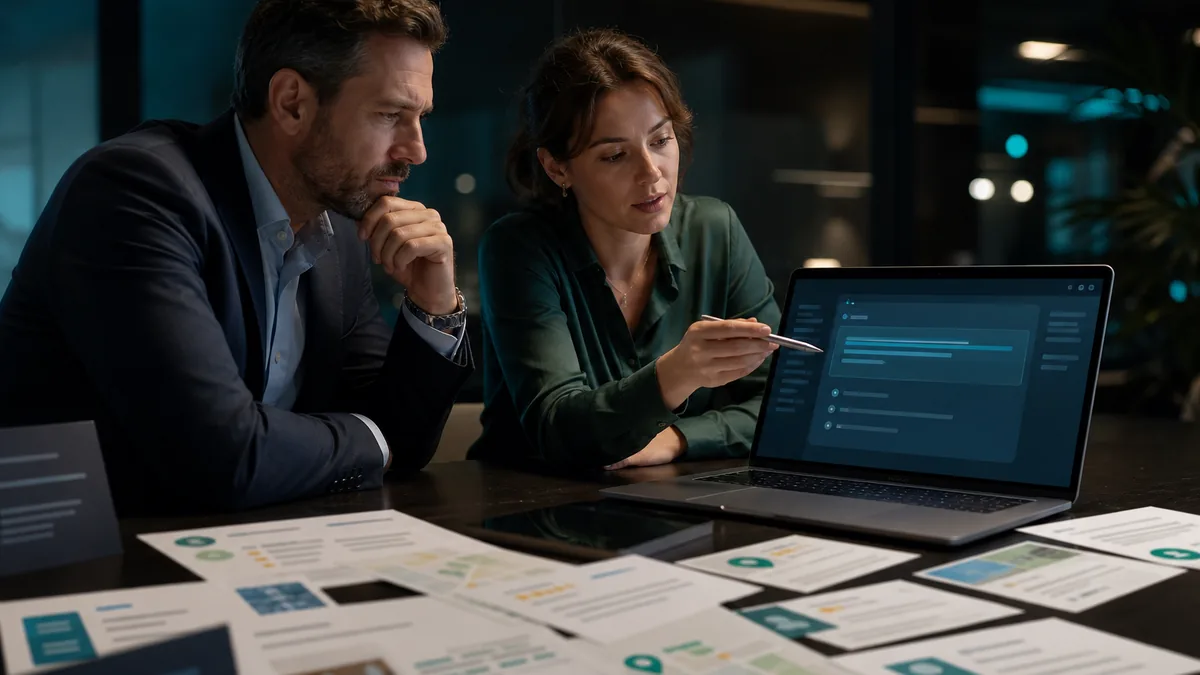 An owner and marketing manager compare competitor mentions and local proof beside an AI answer box