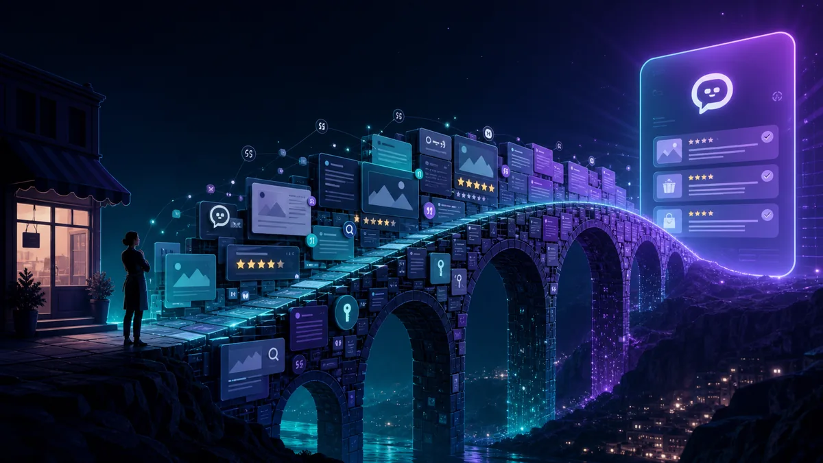 A dark bridge of pages, reviews, citations, and access keys leading to an AI recommendation panel