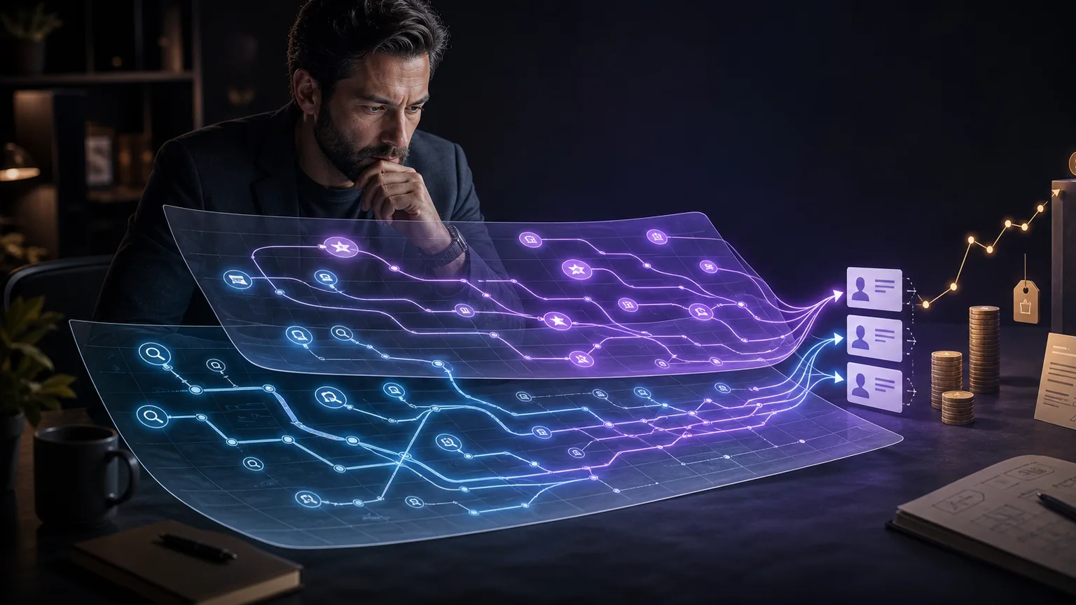 A business owner studies overlapping search and AI answer paths leading toward customer inquiries