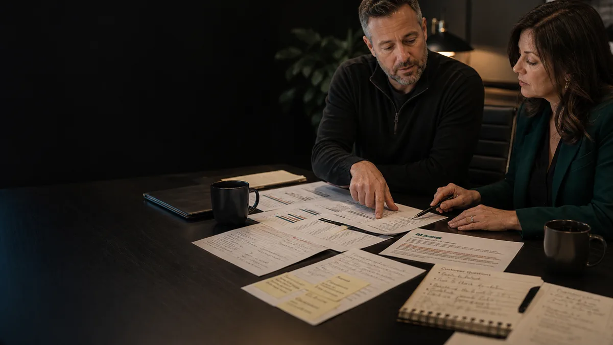 An owner and marketing director review search reports, AI answer printouts, and customer notes on a dark table