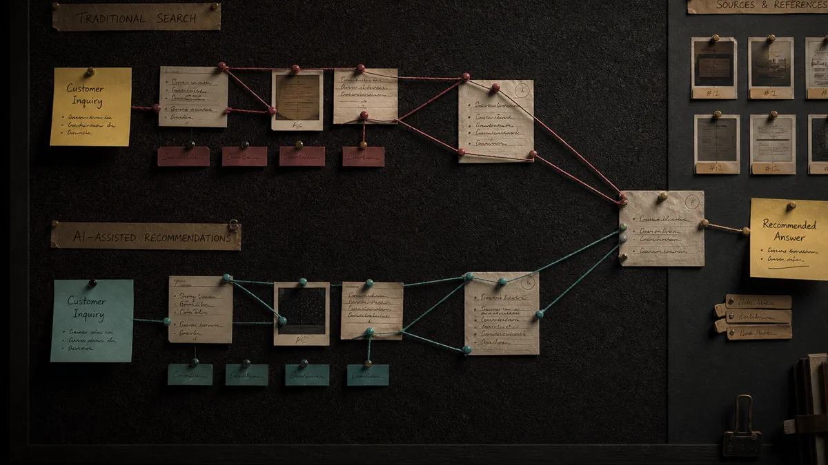 A dark decision board connects traditional search visits with AI-assisted recommendations and customer inquiries