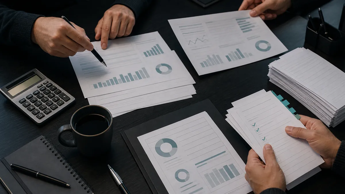 Hands review ad spend reports, a calculator, coffee, and lead forms on a dark conference table
