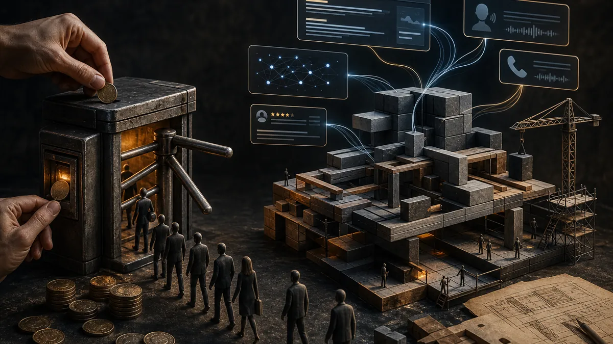 A coin-operated traffic turnstile stands beside a content structure connected to search and AI signals