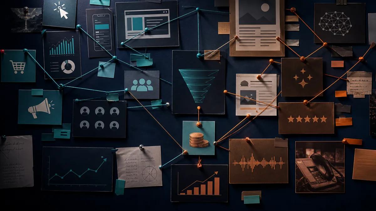 A dark evidence board connects ad clicks, helpful pages, AI citations, reviews, calls, and revenue notes