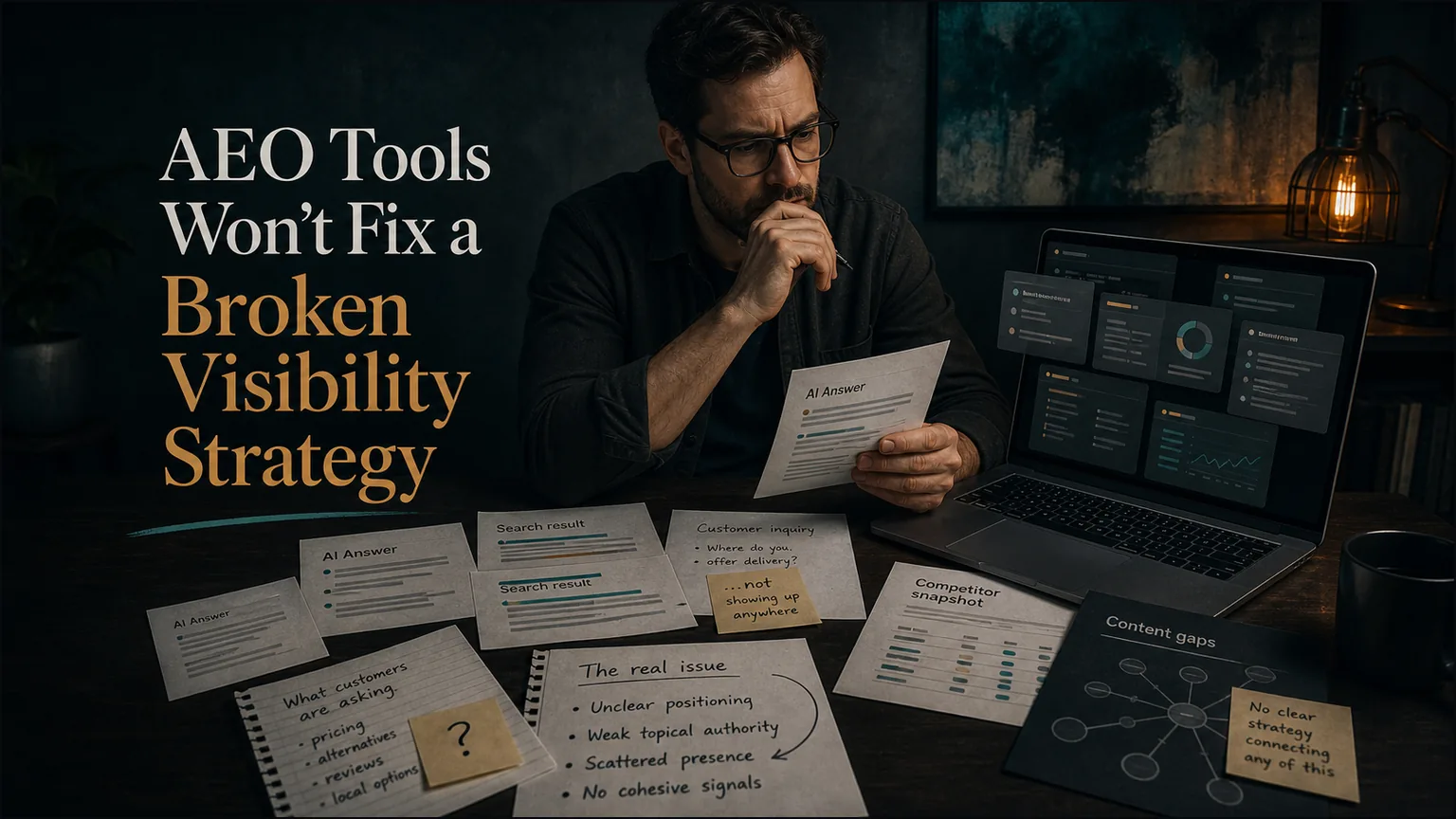 A business owner studies AI answer printouts and search reports before choosing visibility software