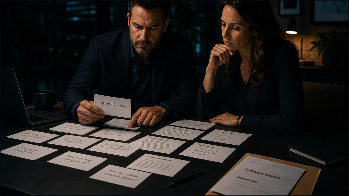 An owner and marketing director sort buyer questions and AI answer printouts beside an unopened software invoice