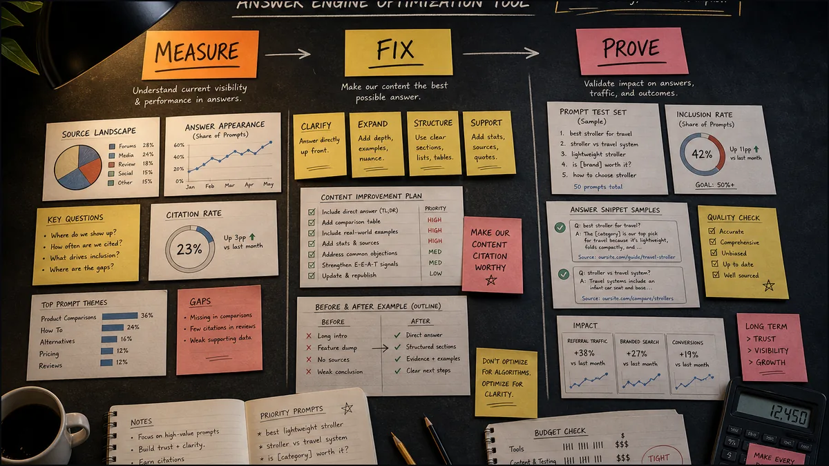 A dark decision board organizes prompt tests, source cards, content fixes, proof gaps, and budget notes