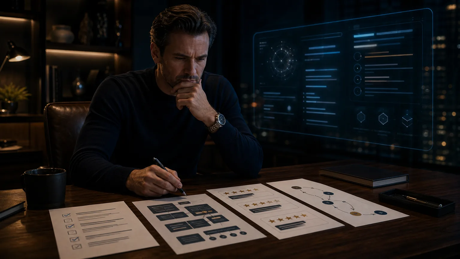 A business owner reviews AEO service findings, proof cards, and crawler notes beside an AI answer panel