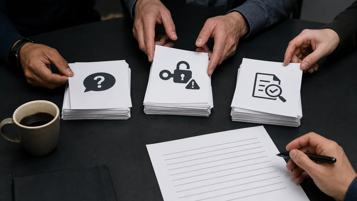 Hands sort customer question cards, technical access notes, proof evidence, and a service proposal on a dark table