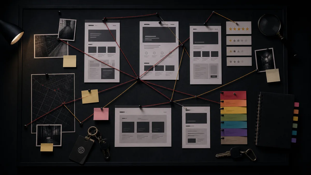A dark evidence board organizes service-page fixes, crawler access, reviews, source gaps, and priority tabs