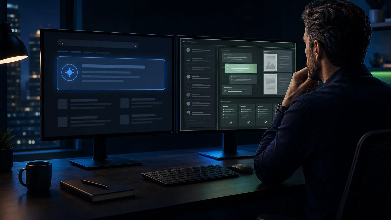 A business owner compares AI search visibility controls with customer inquiry notes on a dark workstation