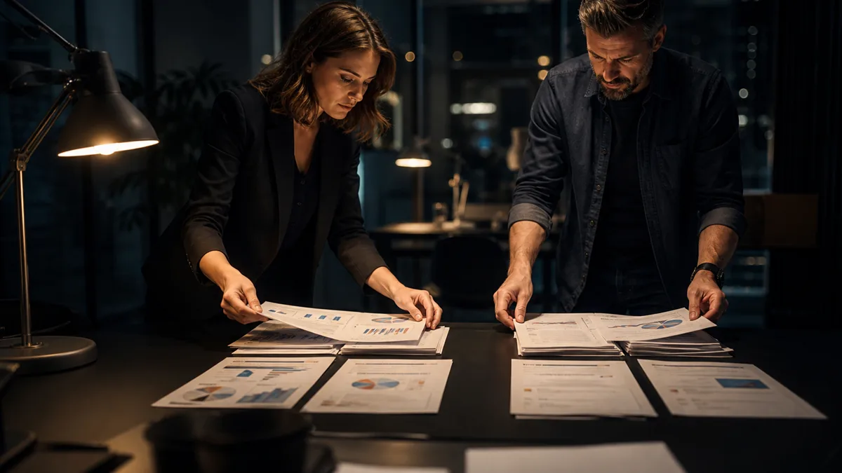 A business owner and marketing director review analytics and AI answer screenshots before changing previews