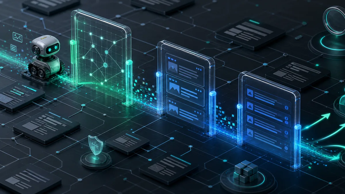 Glowing website control gates separate crawler access, snippet limits, indexing, and customer discovery paths