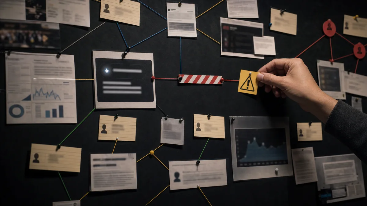 A dark evidence board connects customer questions, cited sources, competitor mentions, and revenue notes