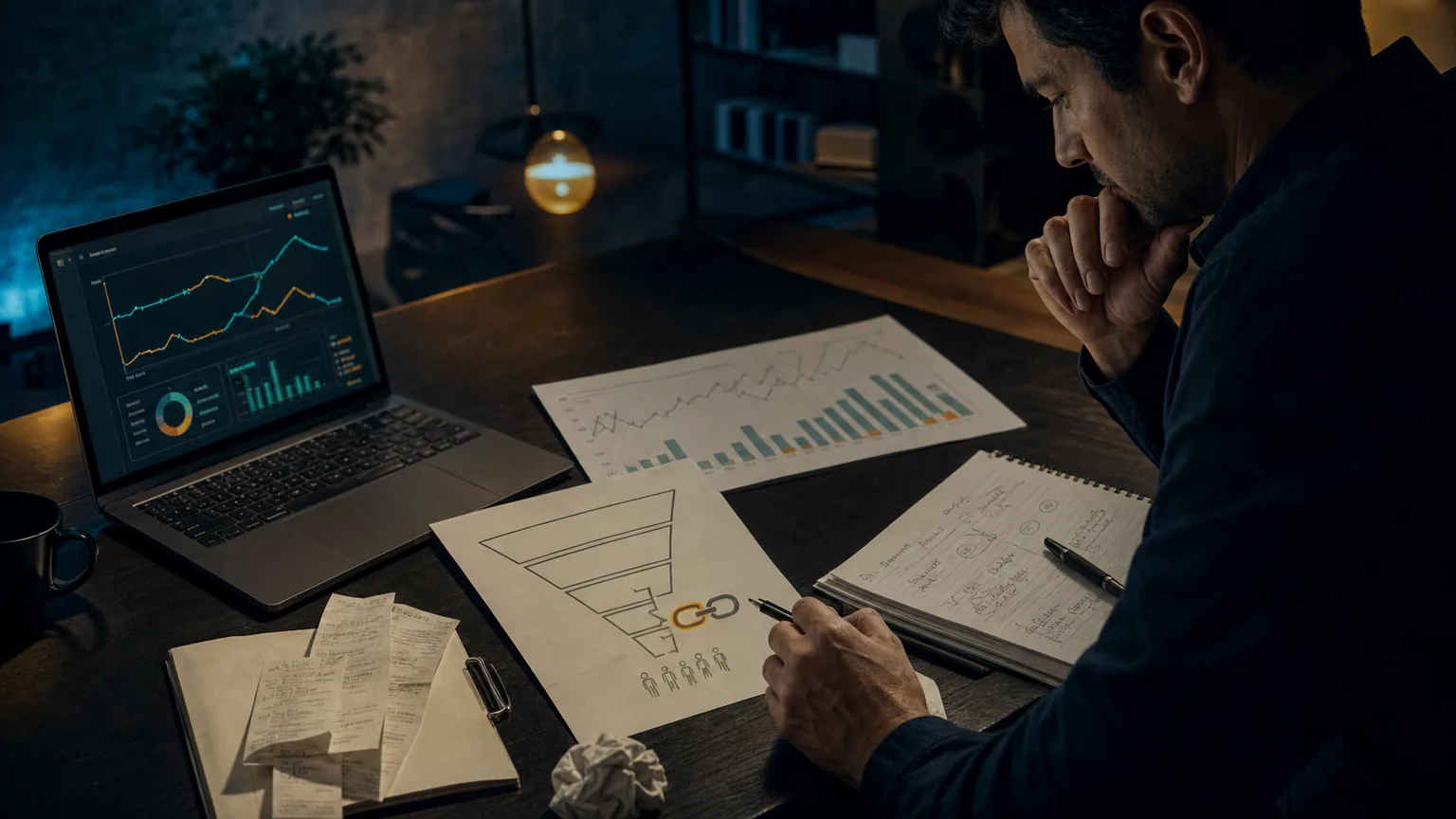 A business owner studies analytics, ad receipts, and a broken conversion funnel sketch at a dark desk