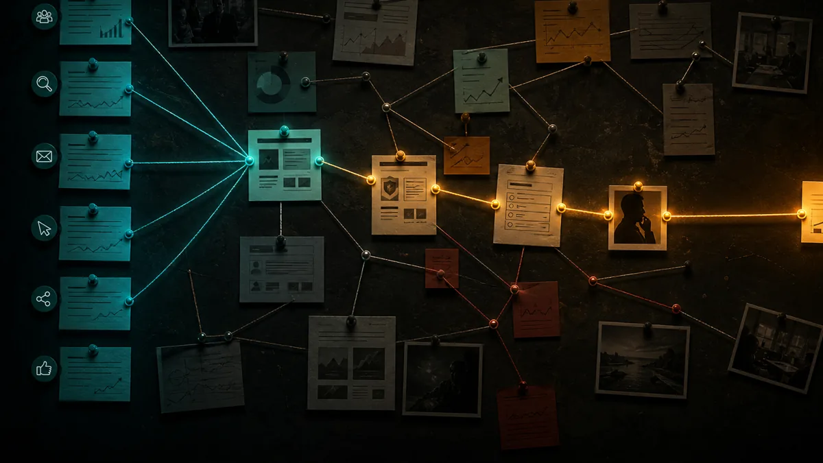 A dark evidence board connects traffic sources, message gaps, proof signals, form friction, and revenue notes