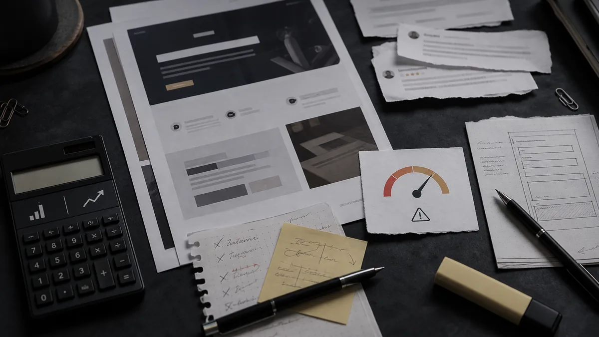 A dark conversion audit workspace shows a service page printout, review notes, form sketch, and calculator