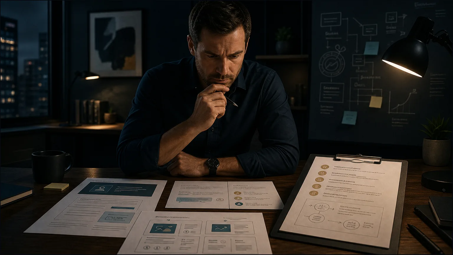 A business owner reviews AI search answer notes and service page plans in a dark strategic workspace