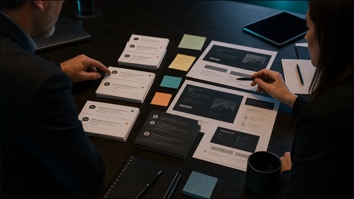 A business owner and marketing lead compare buyer questions, competitor notes, reviews, and service drafts
