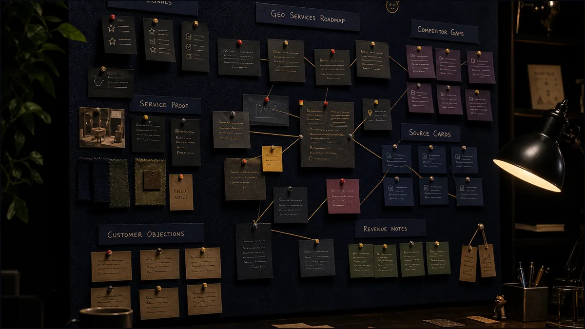 A dark evidence board organizes customer objections, source cards, proof gaps, and GEO roadmap notes