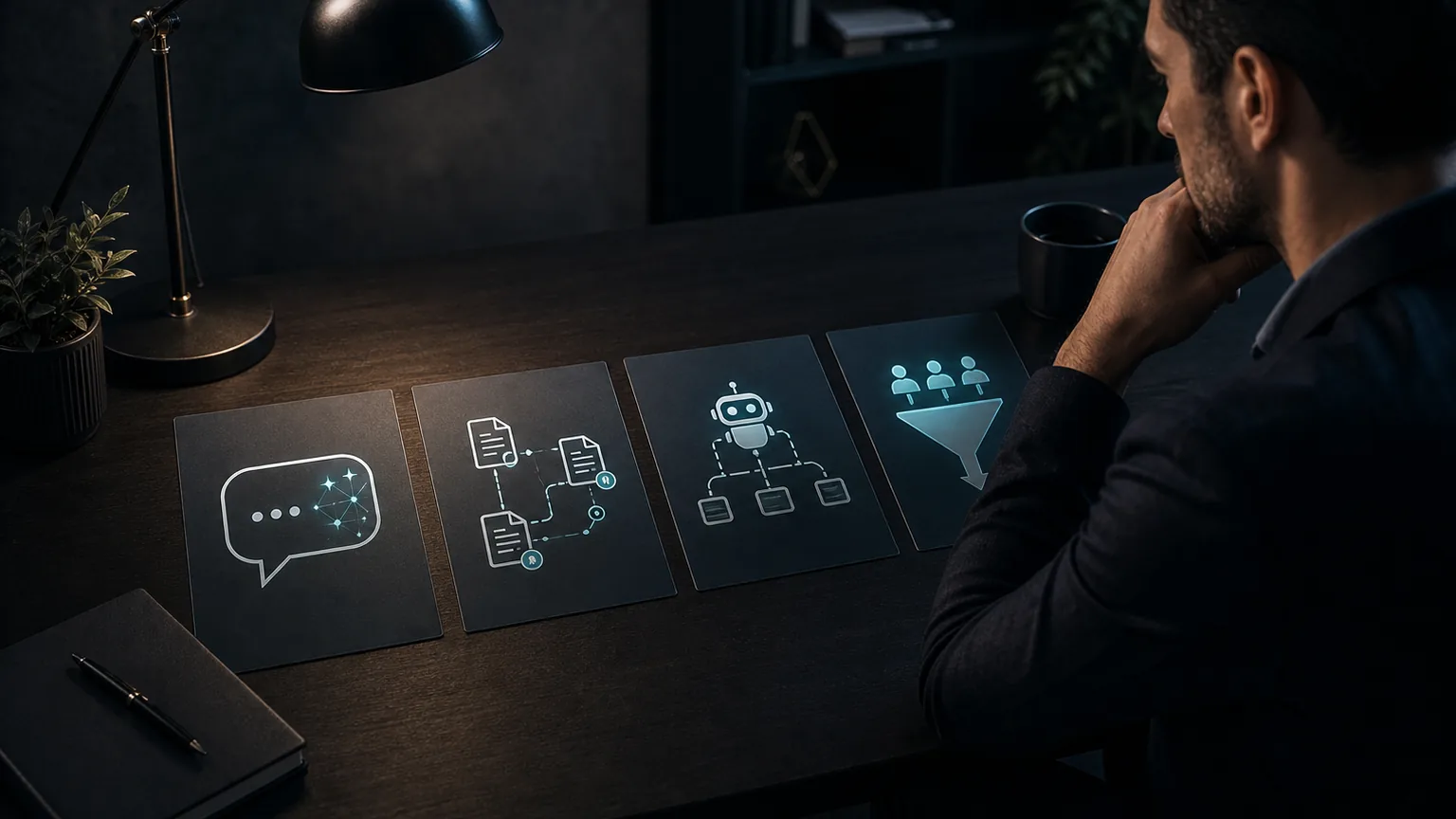 A business owner reviews AI answer cards, citation notes, crawler access, and lead signals at a dark desk