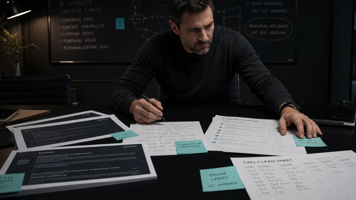 A marketing lead compares AI answer screenshots, competitor notes, citation cards, and a phone-call lead sheet
