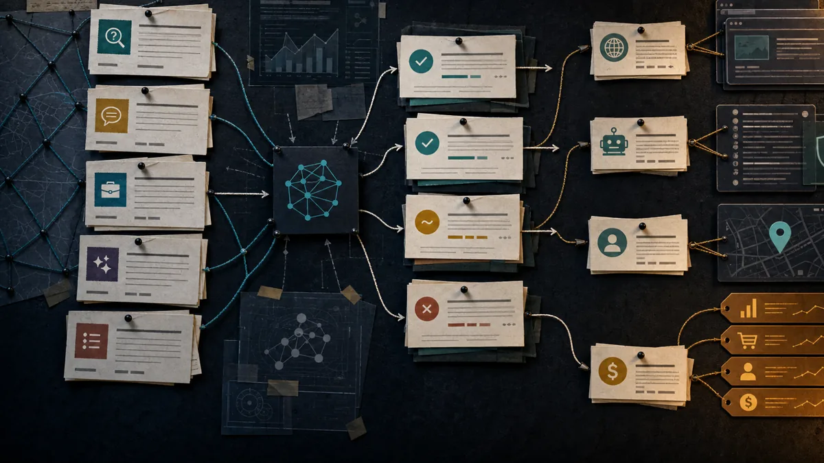 A dark evidence board connects prompt cards, answer samples, source cards, access notes, and revenue tags