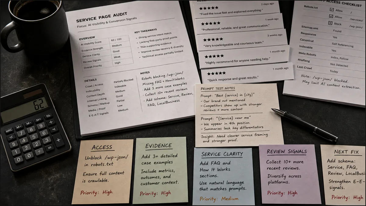 A dark audit workspace shows service-page notes, reviews, crawler checks, prompt tests, fix cards, and a calculator