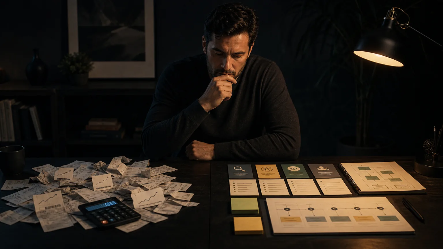 A business owner compares paid ad click receipts with an organic search asset roadmap on a dark desk