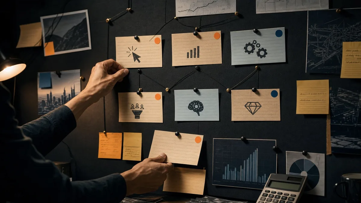 A dark break-even board organizes click cost, conversion rate, content investment, maintenance, and customer value
