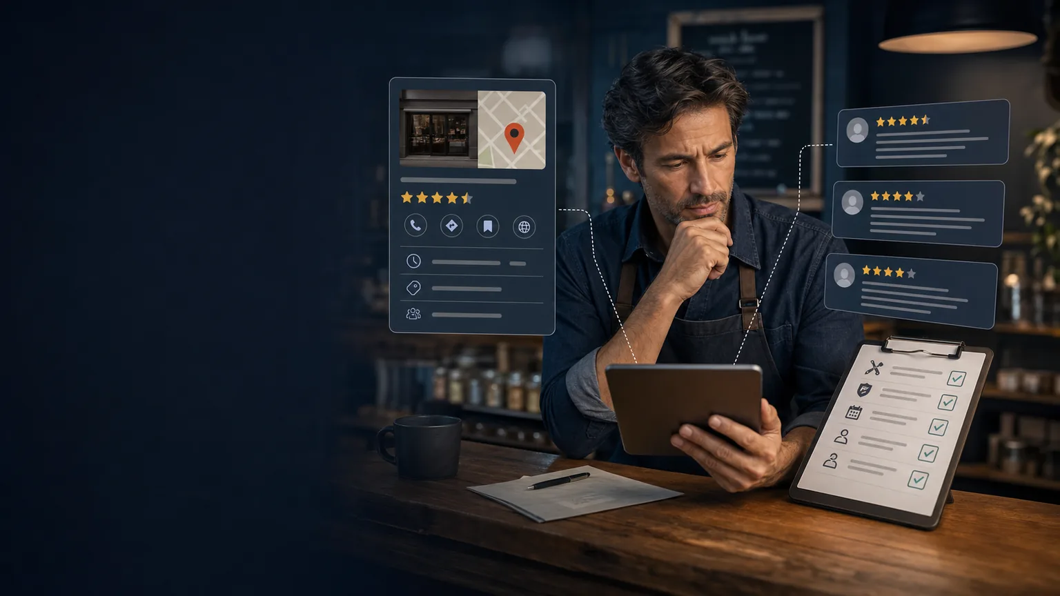 A local business owner reviews AI recommendation signals from listings, reviews, and website pages