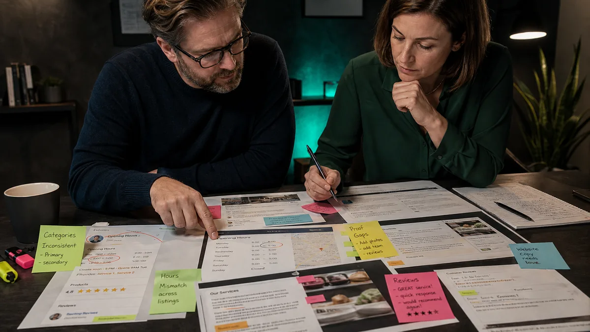 A service business owner and office manager compare printed listings, reviews, and website copy with sticky notes