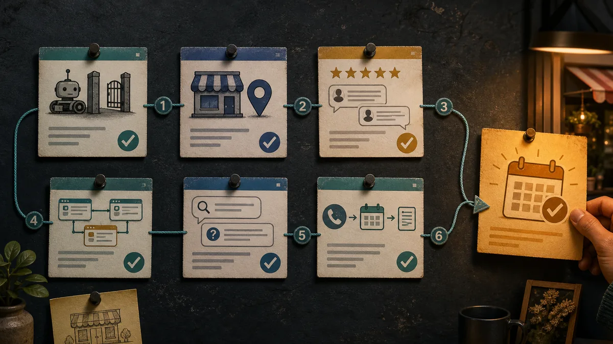 A dark AI search readiness checklist board maps crawl access, profiles, reviews, citations, website answers, and conversion paths