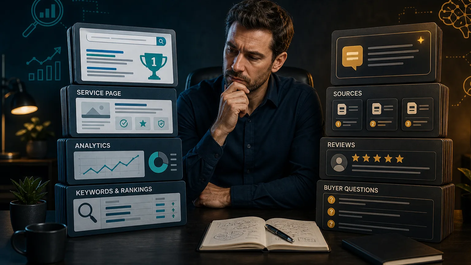 A business owner compares search ranking evidence with AI answer source cards on a dark desk