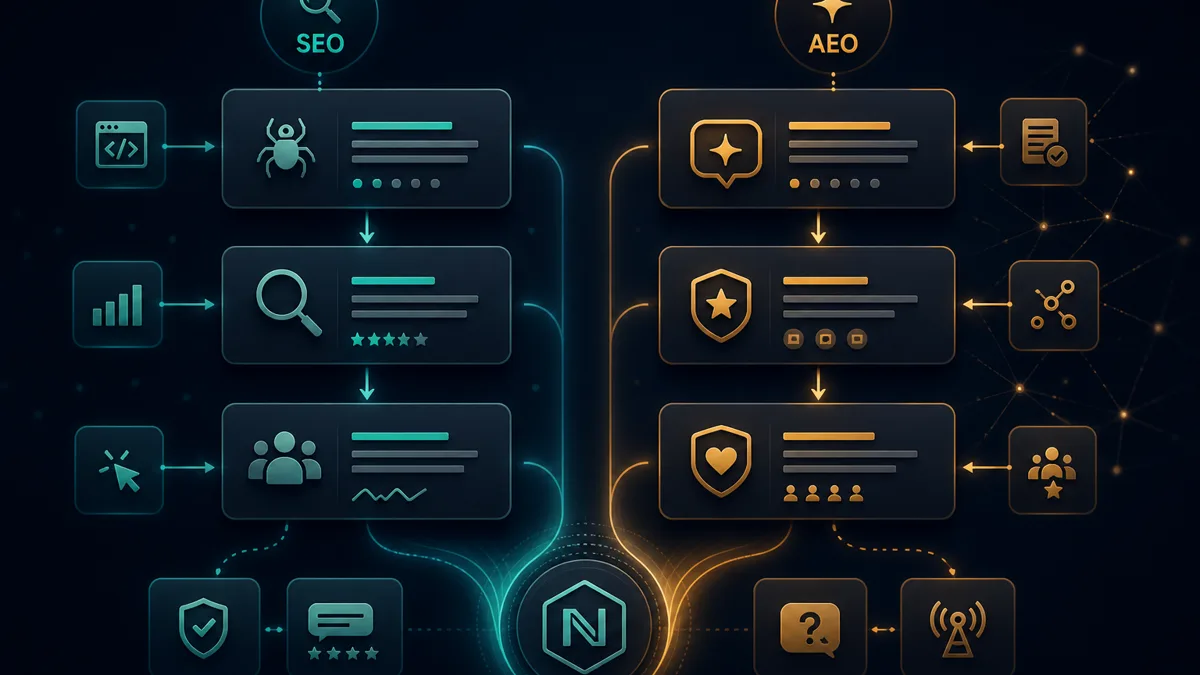 A split-path visual connects SEO foundations and AEO answer signals to customer trust and inquiries