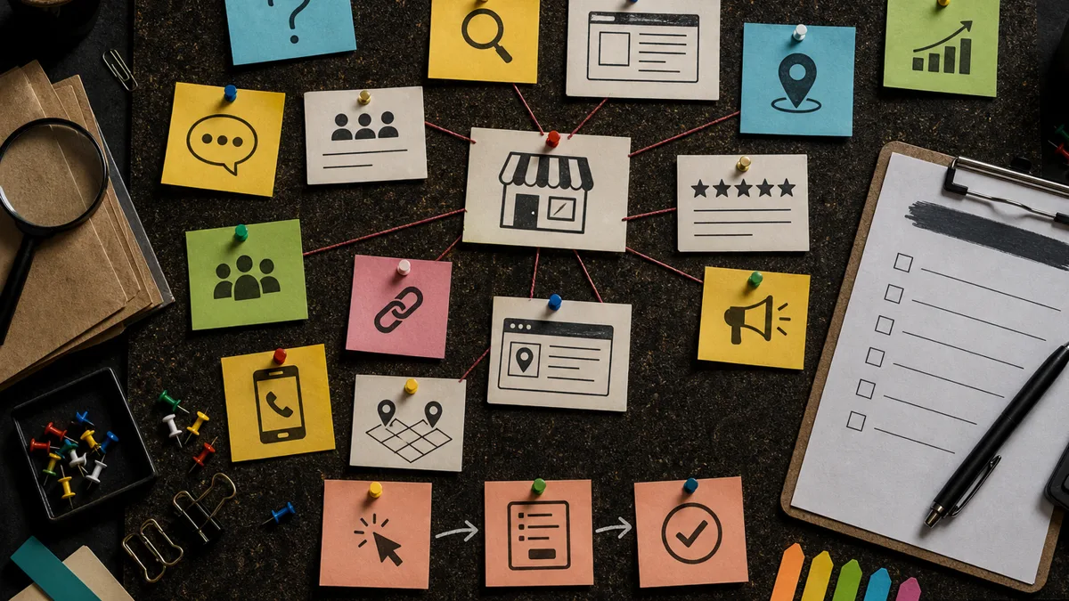 A dark evidence board organizes buyer questions, service pages, reviews, citations, and conversion actions
