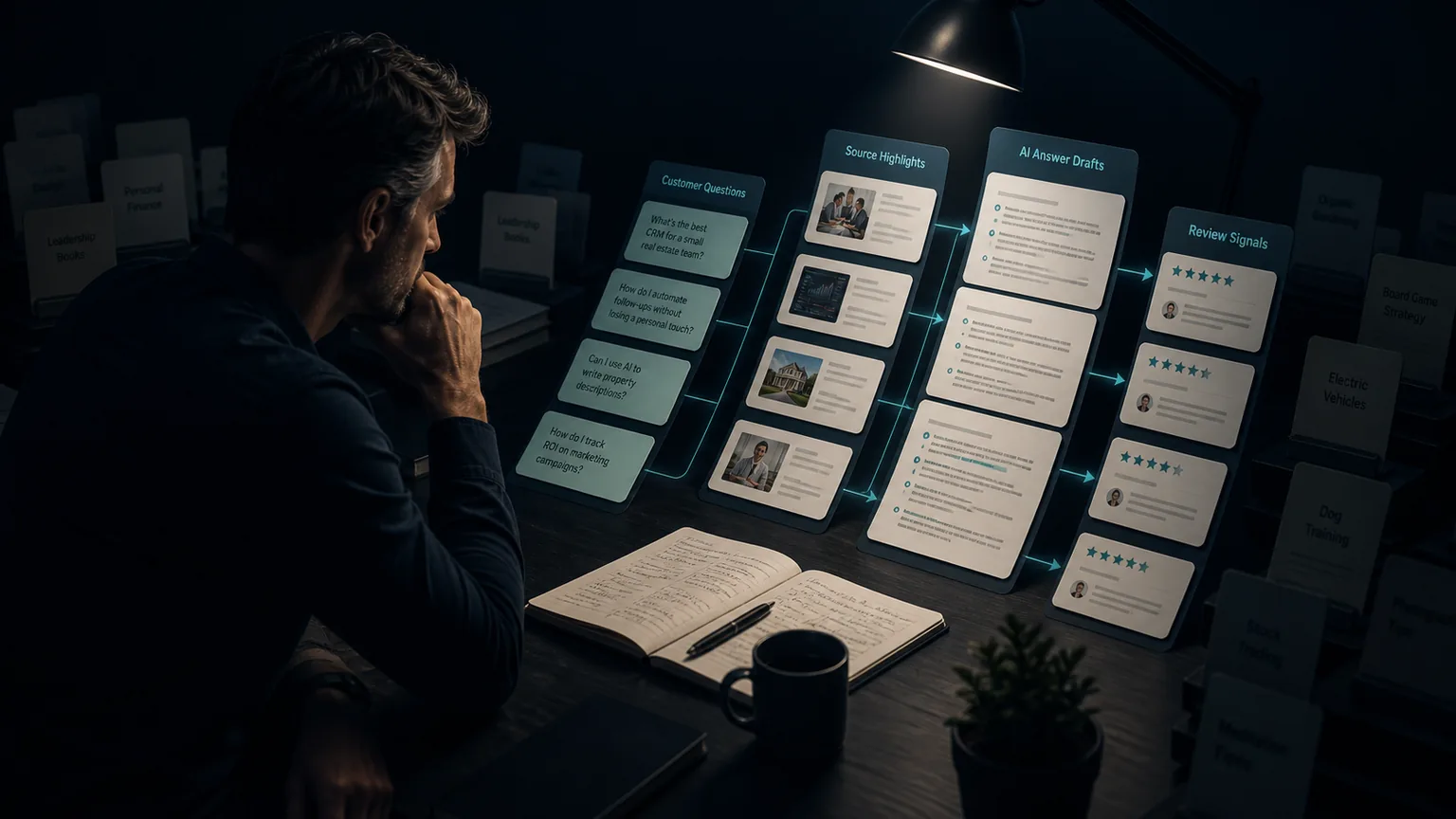 A business owner studies focused topic evidence and AI answer cards on a dark desk