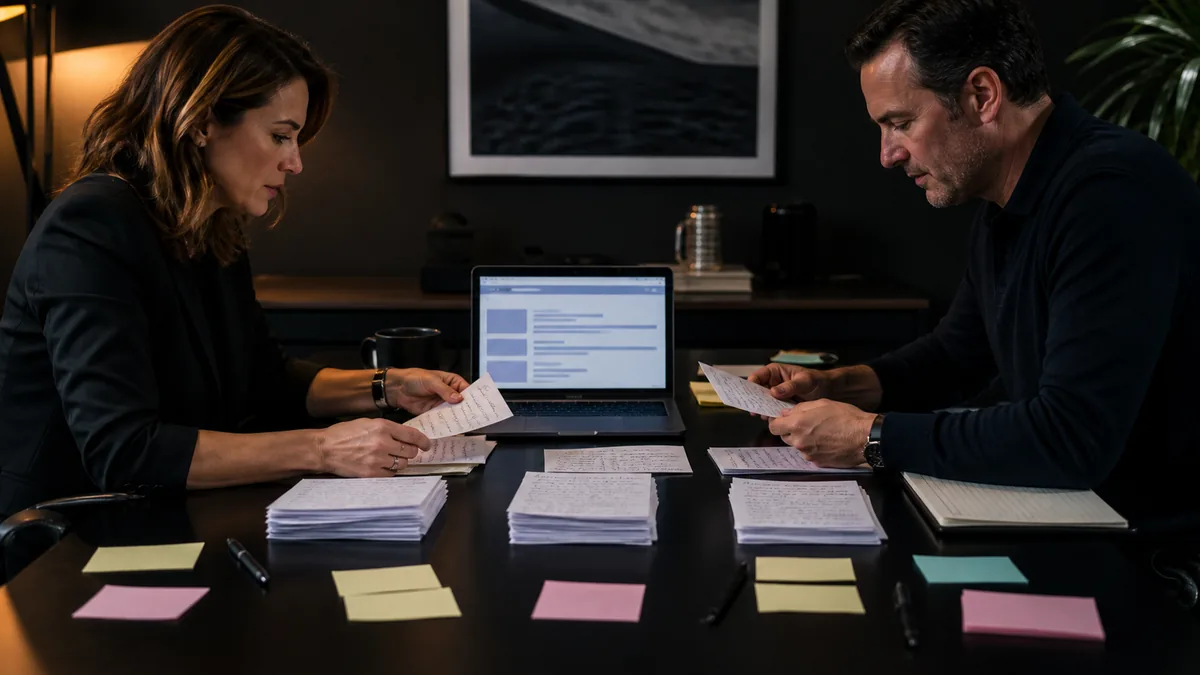 An owner and marketing director sort customer questions into focused topic stacks