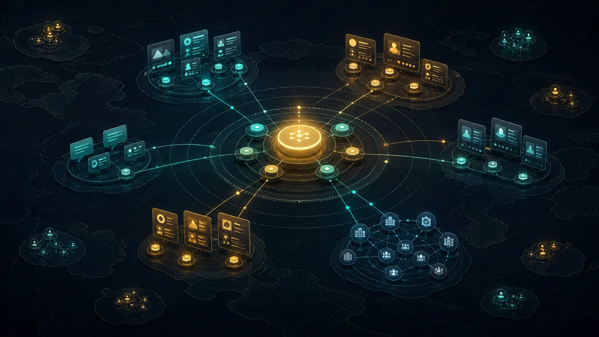A dark topic map connects one business theme to service pages, reviews, case studies, and AI answers