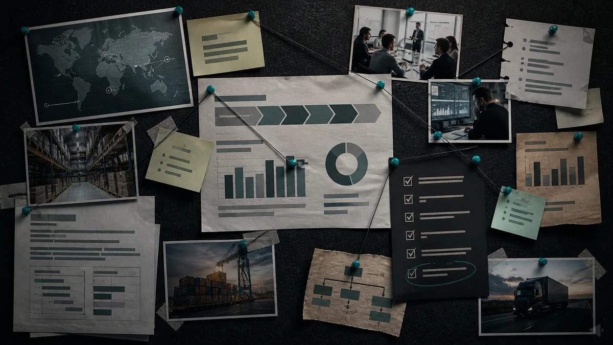 A dark evidence board organizes reviews, source cards, case studies, and fix priorities around one topic
