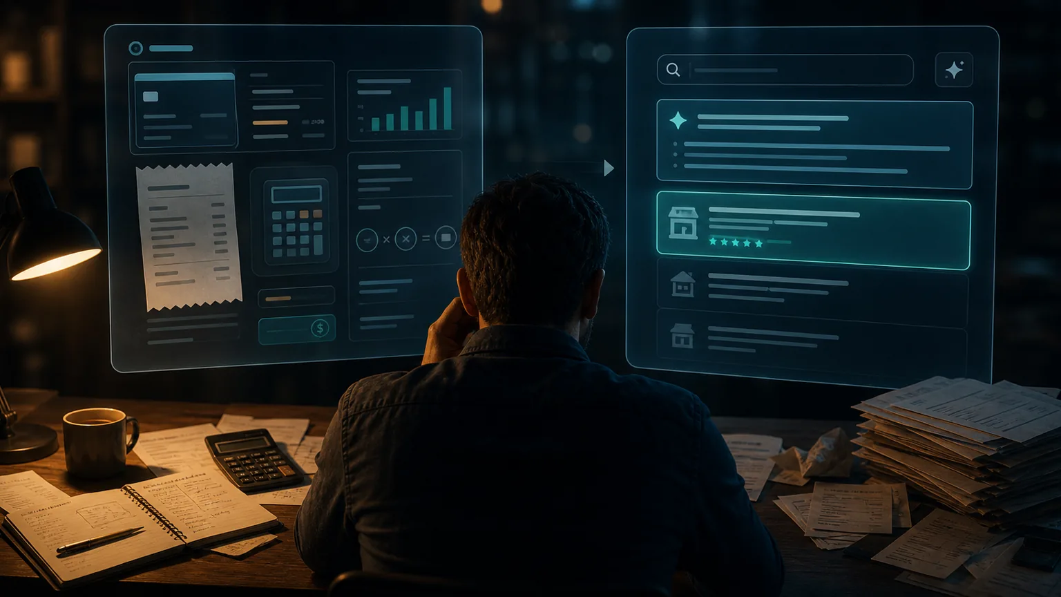 A business owner compares paid ad costs with an AI answer recommending a competitor on a dark desk