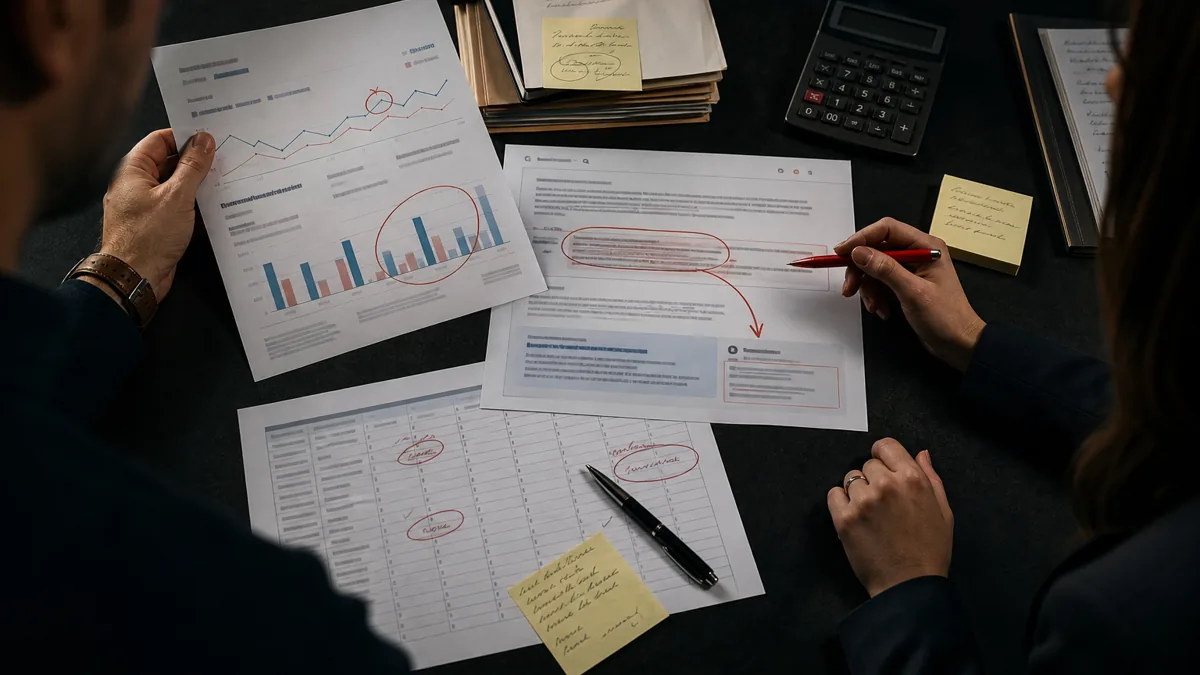 A marketing manager and owner compare paid search reports, call logs, and an AI answer screenshot