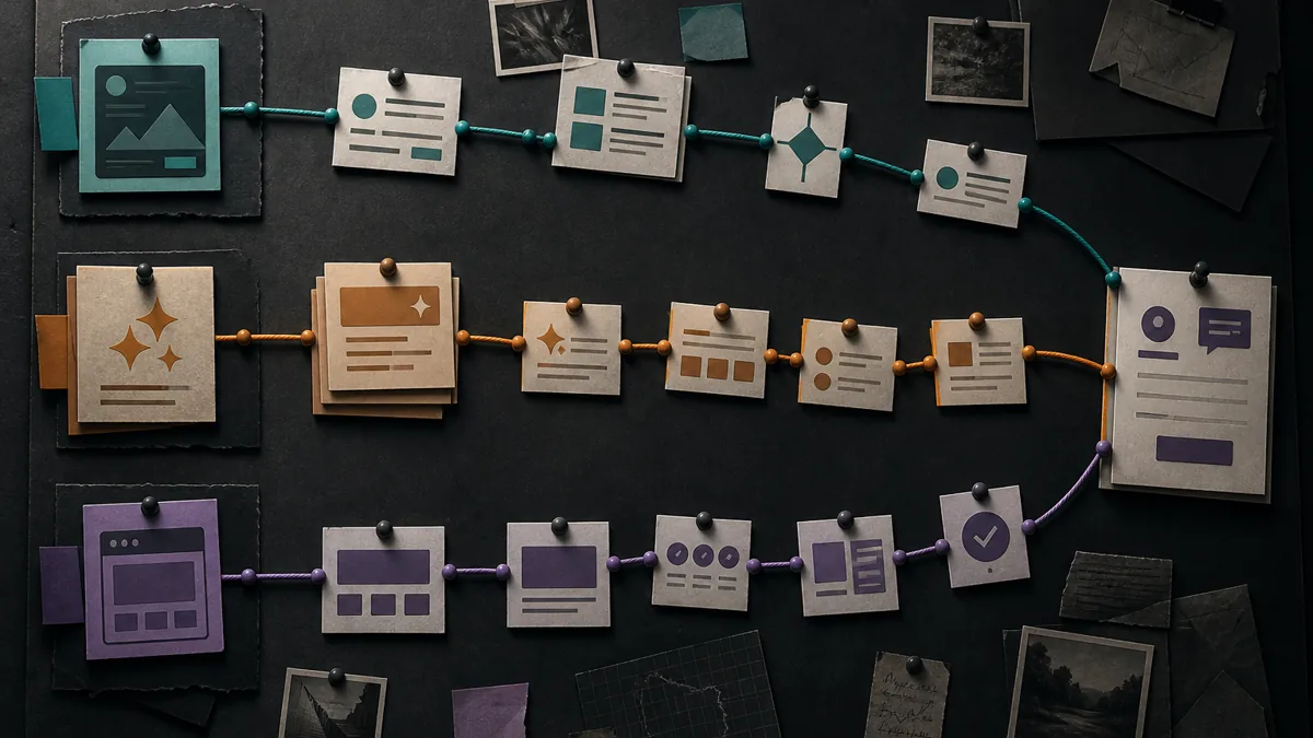 A dark buyer-journey board maps paid clicks, AI summaries, and landing page proof toward inquiries