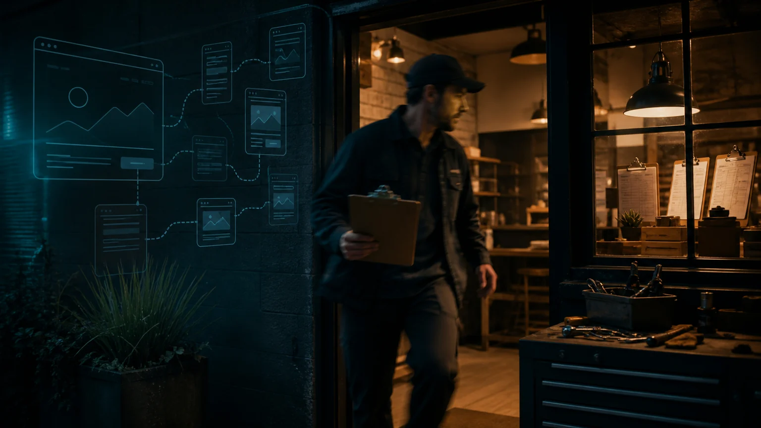 An owner checks a local business website path shown as a subtle AI browser route