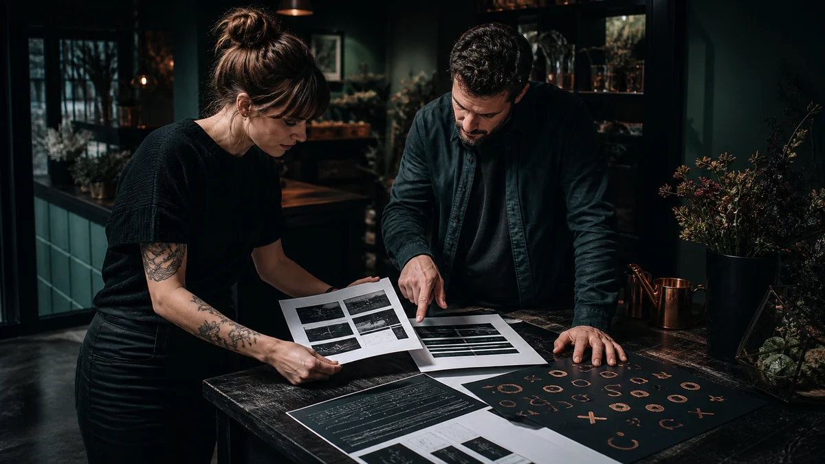 Two coworkers review website pages and customer questions at a standing counter