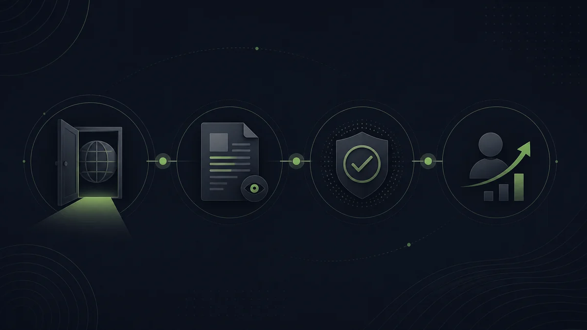 A dark diagram maps access, readable content, proof, and customer action