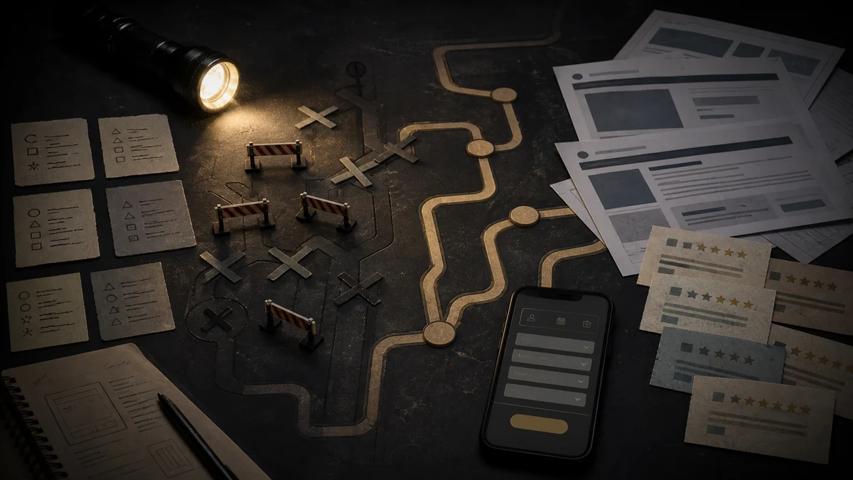 Robots rules, website printouts, review blocks, and a booking form sit on a dark table