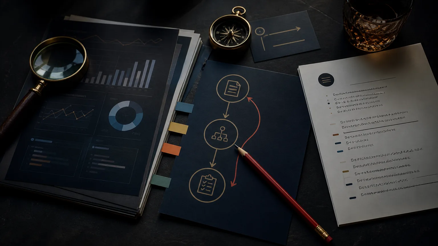 Dark strategy table with AI answer notes, ad reports, source tabs, and a compass toward a fix list
